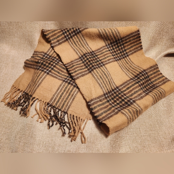 Fine Woollens Other - Fine Woollens Beige & Brown Plaid Lambs Wool Scarf Made In Scotland Unisex